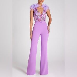 Nadine merabi Lavender Sequin Feather Jumpsuit